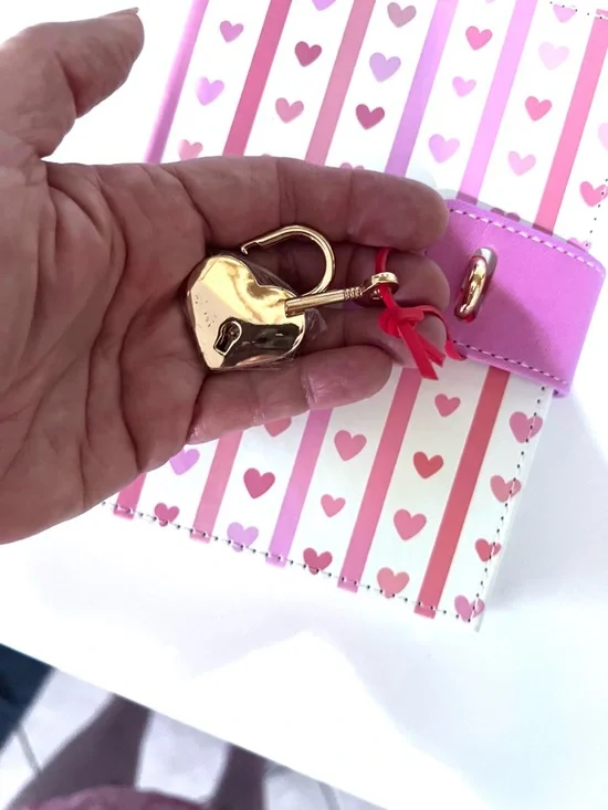 Notebook Journal Diary with Heart Lock & Key Pink Hearts & Stripes on White. - Picture 9 of 15